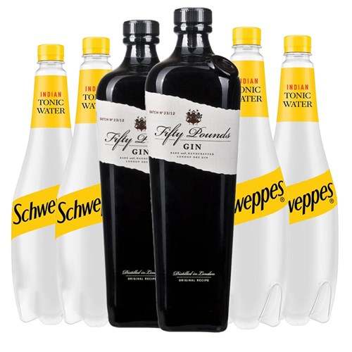 Case of 6 with Fifty Pounds Gin 70cl and Schweppes Tonic Packed Together